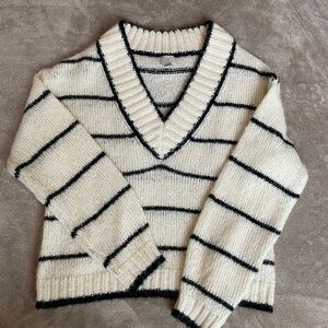 Striped V-Neck Sweater - Cream and Black
